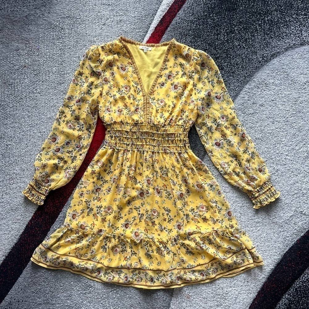 Max Studio Yellow Long Sleeve Floral Print Mini Dress
